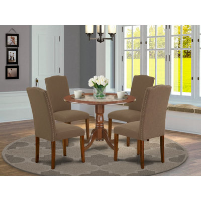 5 Piece Dining Room Furniture Set Includes a Round Dining Table with Dropleaf and 4 Dark Coffee Linen Fabric Upholstered Chairs, 42x42 Inch, Mahogany