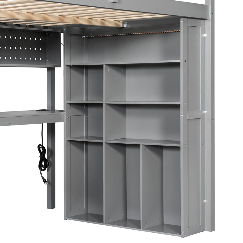 Lit mezzanine double gris avec garde-robe intégrée, espace de travail spacieux, tablettes et lumières DEL confortables, idéal pour les bureaux de taille, - gris, pour les petites chambres