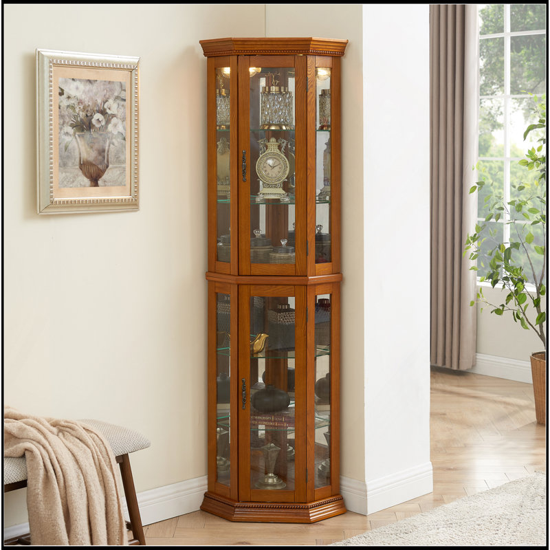Gorgeous Corner Curio Cabinet With Adjustable Glass Shelves And Mirrored Back, Ideal For Displaying Treasured Items., Oak