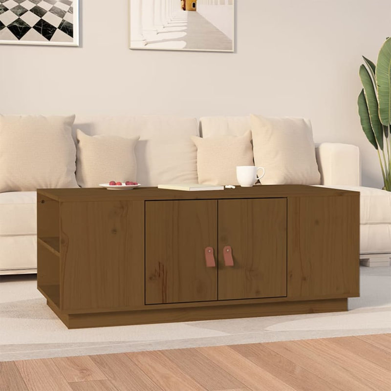 Kyea Solid Wood Block Coffee Table with Storage, Honey Brown