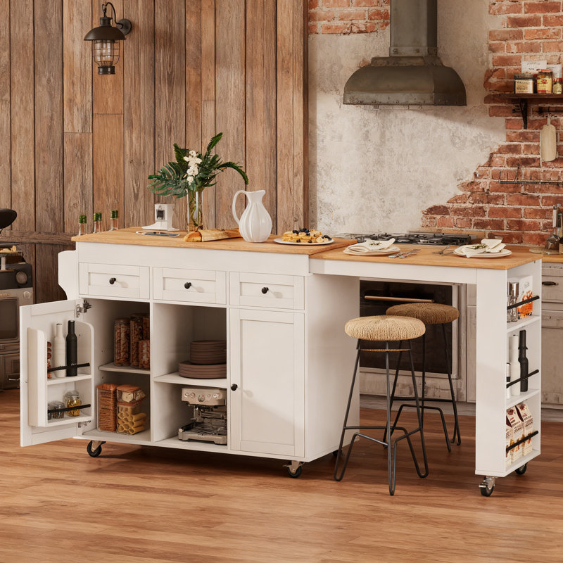 Îlot de cuisine moderne Willow avec table extensible, rangement spacieux et station de charge intégrée, Blanc