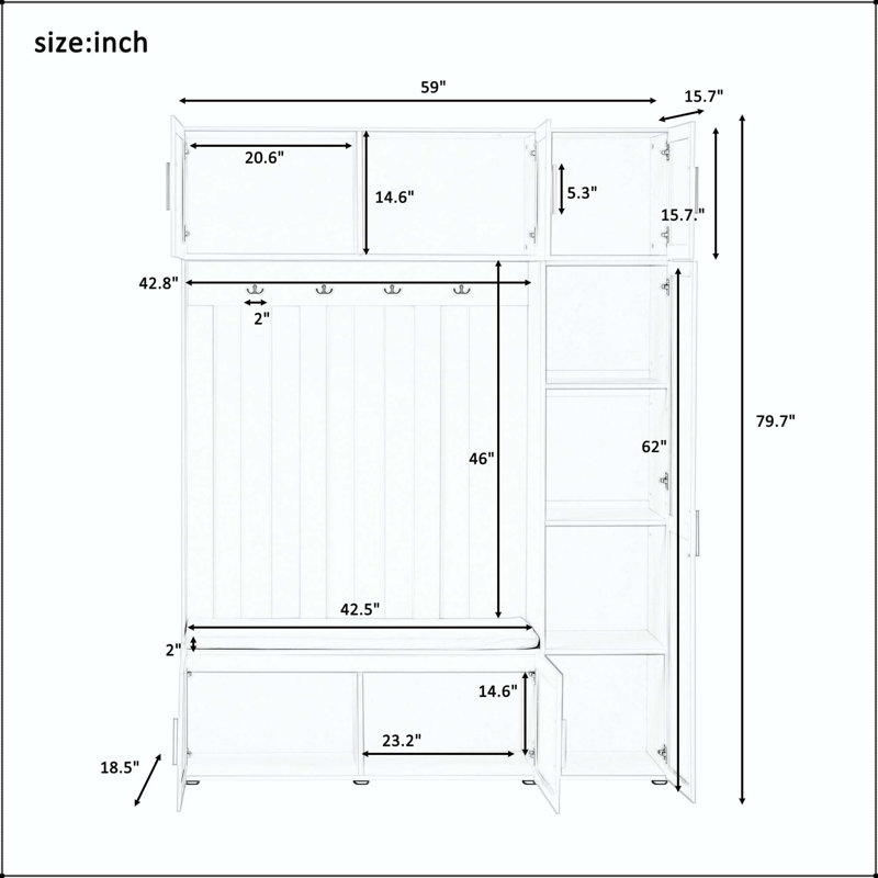 American Style 4-in-1 Hall Tree with Padded Bench & 4 Hooks, Ancient White