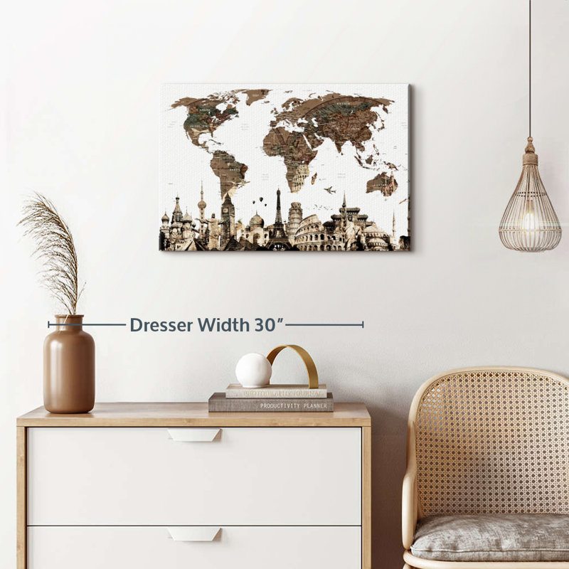 Vintage World Map Canvas Print with Iconic Landmarks