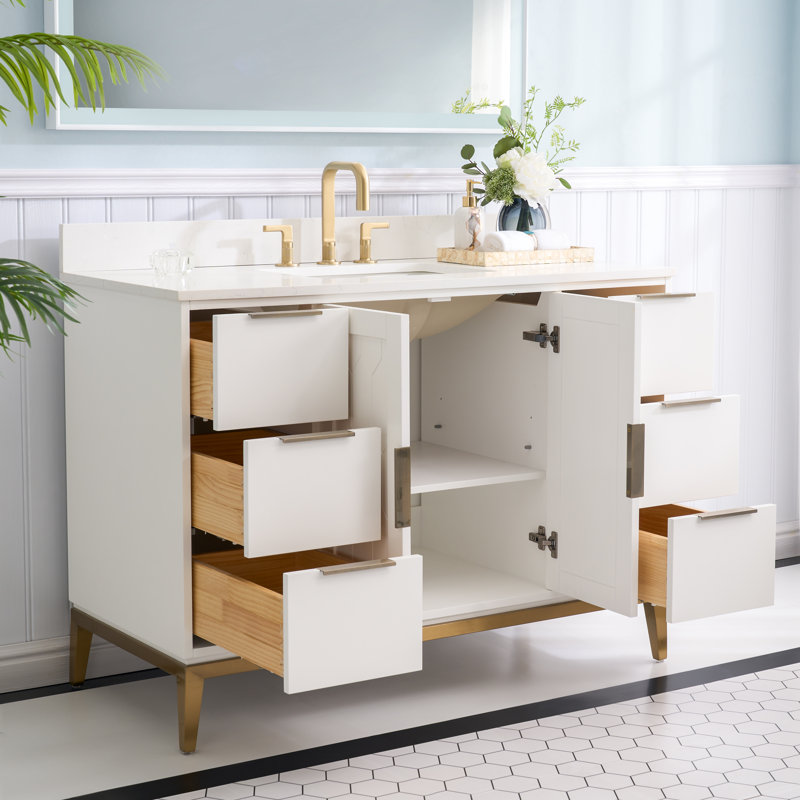 Meuble-lavabo en bois massif H 35 po x l 48 po avec comptoir en quartz blanc Carrera résistant aux taches et lavabo simple
