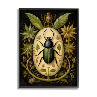 Stupell Industries Ba-429-framed Vintage Beetle And Botanicals By The Dutch Lady Single Picture Frame Print On Canvas In Midnight Black Framed Giclee