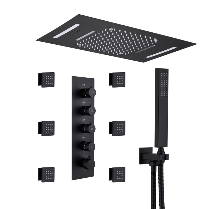 Rodeo 23"Lx15"W Flush Mounted LED Bluetooth Music Thermostatic Complete Shower System with 6 Body Jets, Matte Black