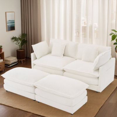 Modern Corduroy Sectional Sofa, Dual Ottomans, Double Side Storage Pockets, by Mercer41