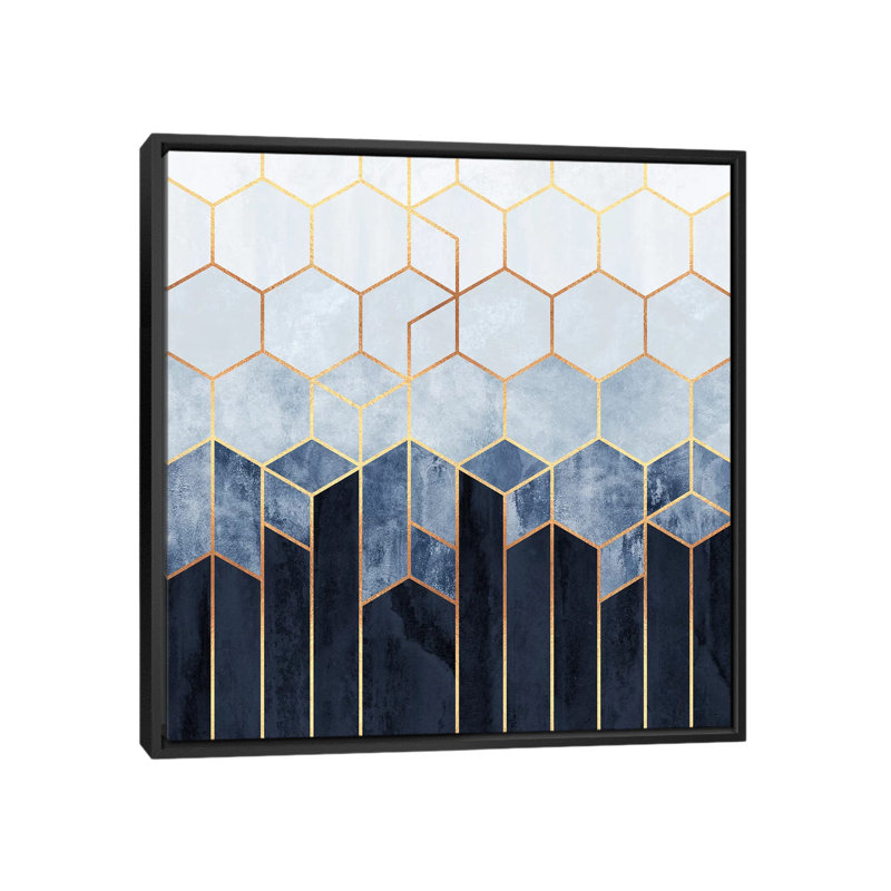 « doux blue hexagones » par elisabeth fredriksson-print, Toile avec cadre noir, H 37 po x l 37 po x P 1,5 po