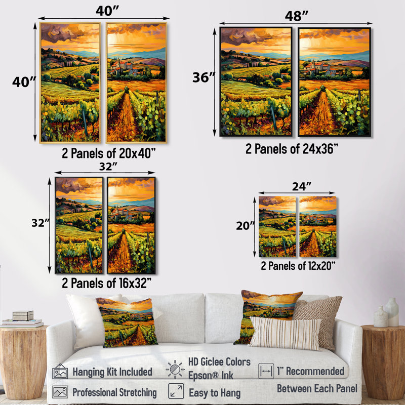 «Vangogh Sunlit Vineyard I», art mural jaune, Floater Framed Print without Mat, Black, 36" H x 48" W