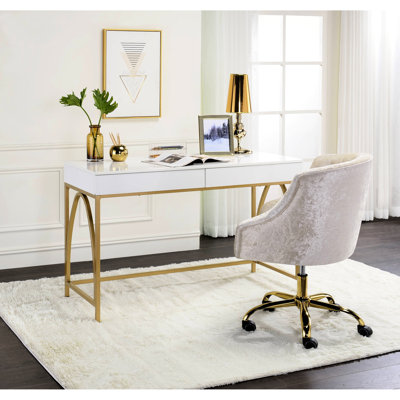 Gold Legged Vanity Desk, 2 Fully Finished Drawers, High Gloss Wooden Top, 50 Inches Wide, 72lbs Weight White And Storage Metal Straight - Square Legs, 70lbs Capacity