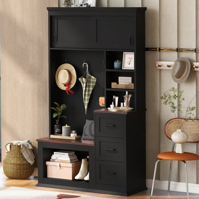 Modern Entryway Bench With Coat Rack, 3 Shelves And Drawers, 3 Sturdy Hooks, 40.2'' Wide Hall Tree With Storage Bench For Hallway, Entryway, Living Room