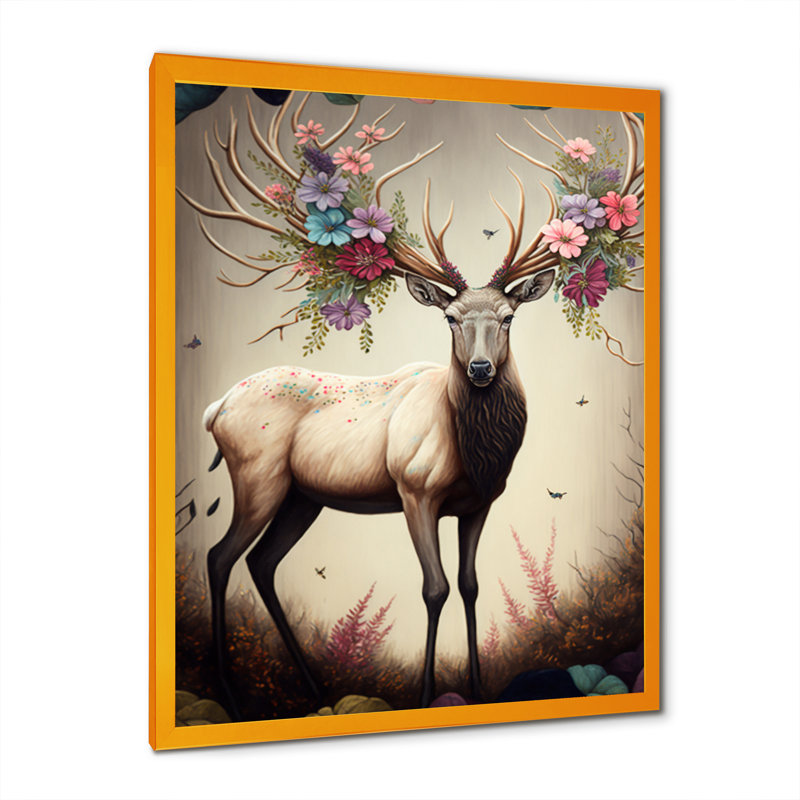 Caribou avec des bois en floraison - reproduction sur toile, H 32 po x l 24 po x P 1 po, Impression dorée sur toile encadrée