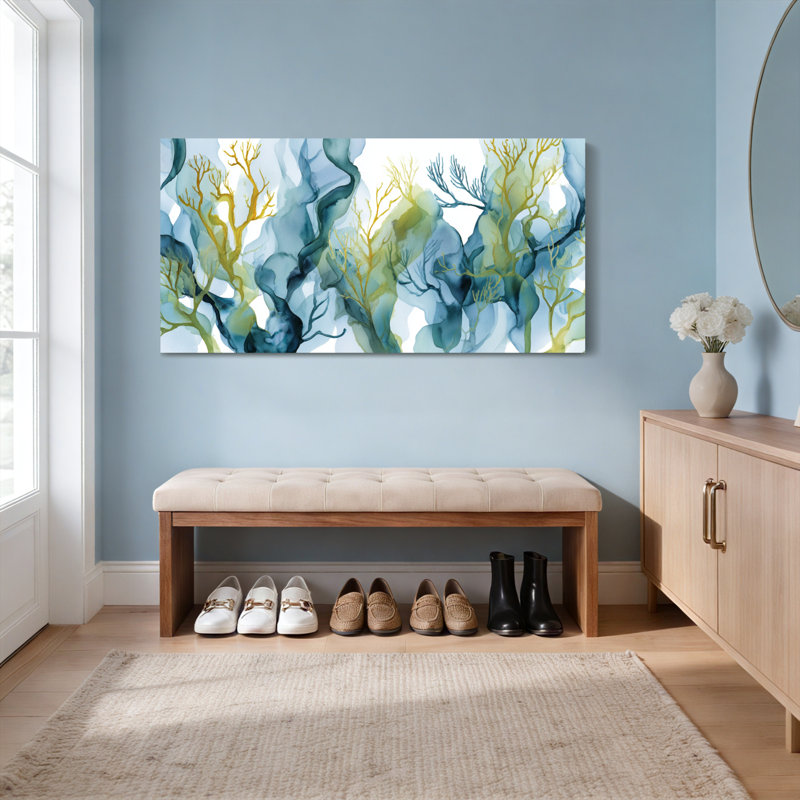 Ensemble de 1 tableau sur toile représentant des vagues océaniques abstraites et des branches de corail, H 12 po x l 36 po