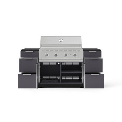 Ensemble d'armoires pour l'extérieur en aluminium noir 6 pièces avec 3 tiroirs, armoire de barbecue, barbecue au propane liquide 40 po et plateaux noirs Dekton 16 po
