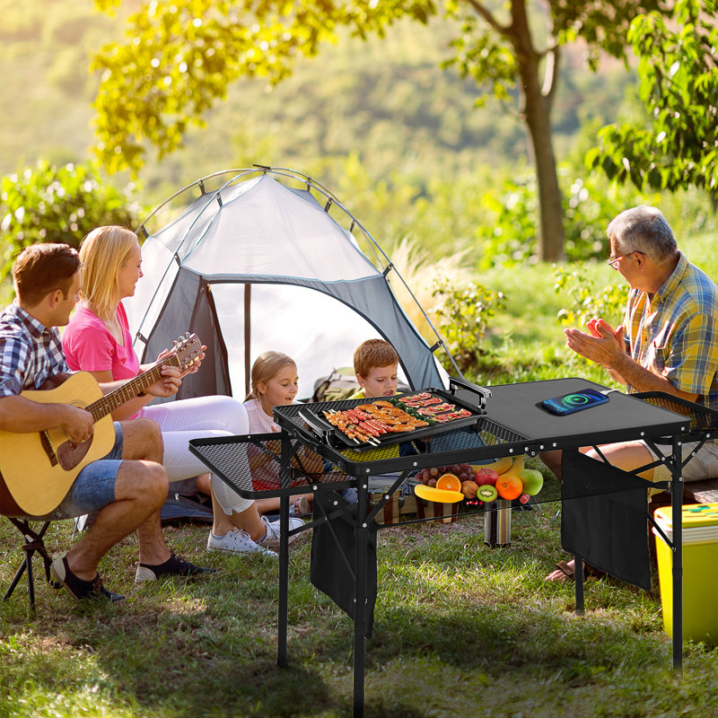 Table de camping portative solaire avec USB, prises de courant de type C et CC, conception pliante, 2 tablettes latérales et sac de rangement