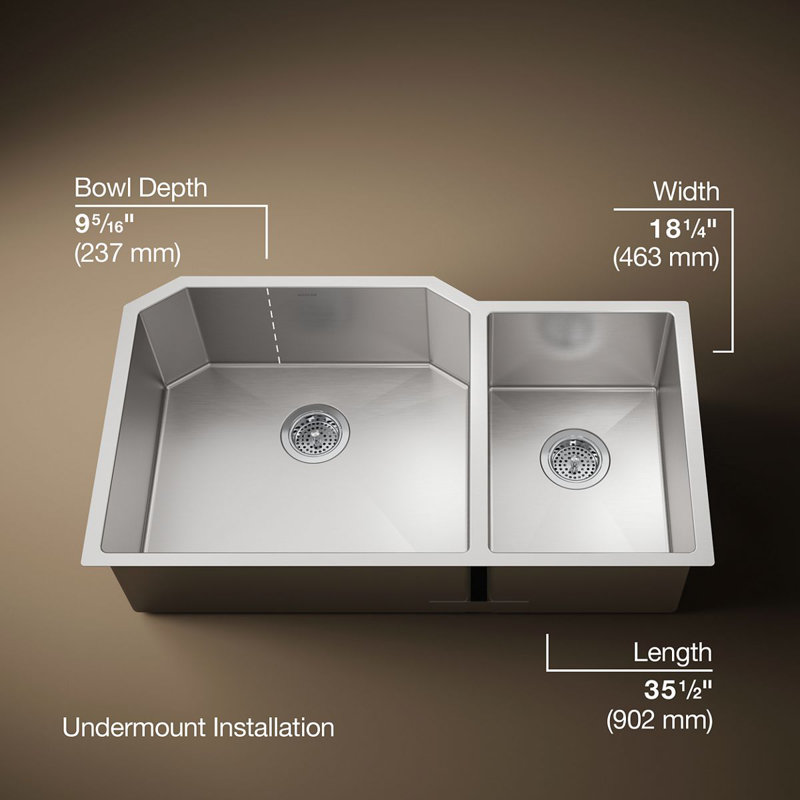 Strive 35-1/2" L x 20-1/4" W x 9-5/16" Under-Mount Extra-Large/Medium Double-Bowl Kitchen Sink with Basin Rack