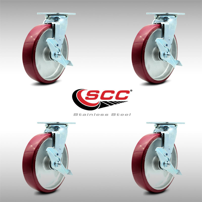 SS Poly on Aluminum Swivel Caster Set with Ball Bearings and Brakes SCC