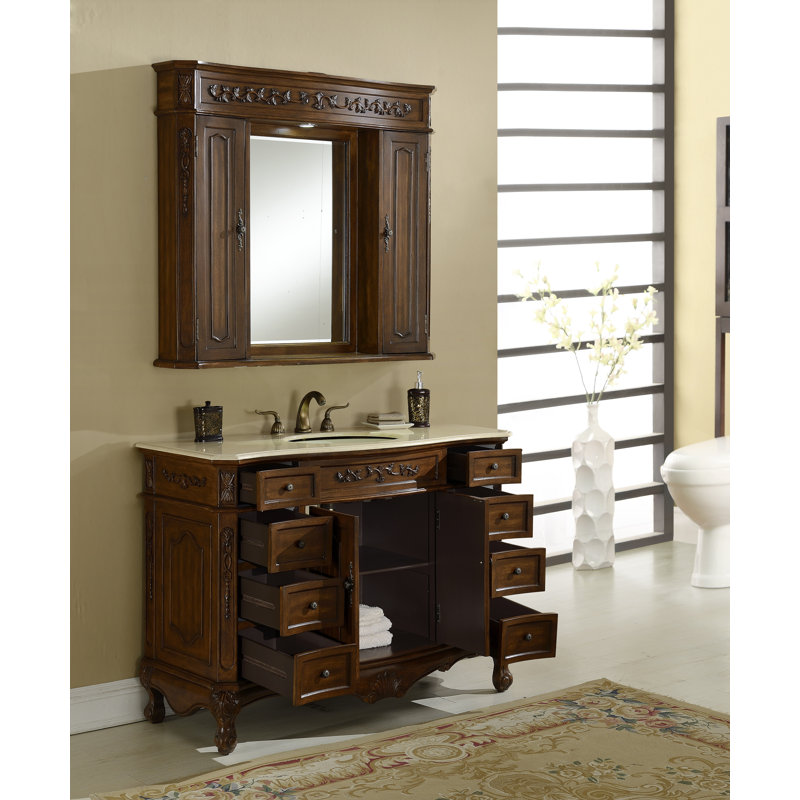 48'' Single Bathroom Vanity with Marble Top, Antique White, White