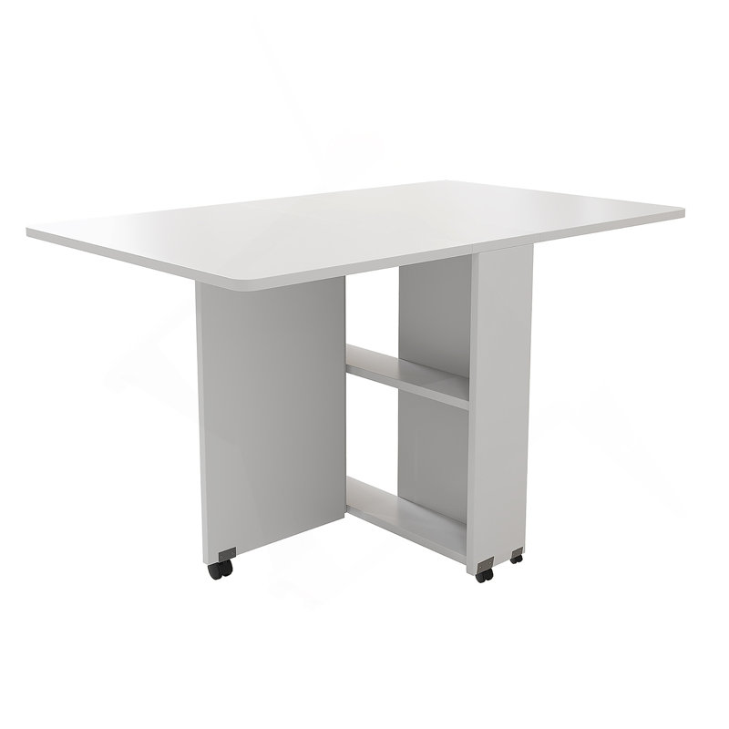Folding Drop Leaf Dining Table with 6 Wheels and 2-Layer Storage Shelf, Space Saving Table for Small Spaces, 47.2 inch D x 23.6 inch W x 30.3 inch H, White