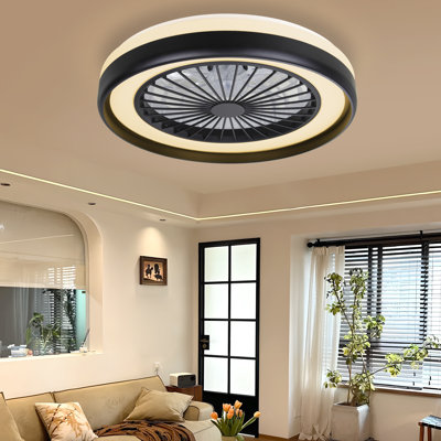 Smart 20" Bladeless Ceiling Fan With Rgb Color Changing Light, Modern Low Profile Dimmable Led For Bedroom, Living Room In Black