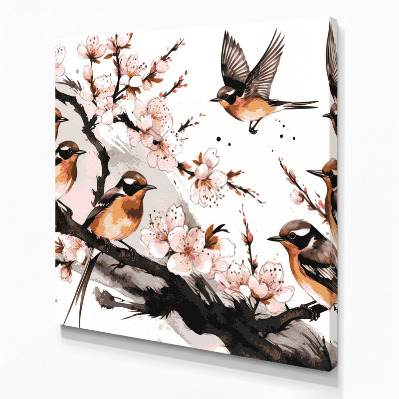 Oiseaux, art asiatique sur toile brun, H 8 po x l 8 po