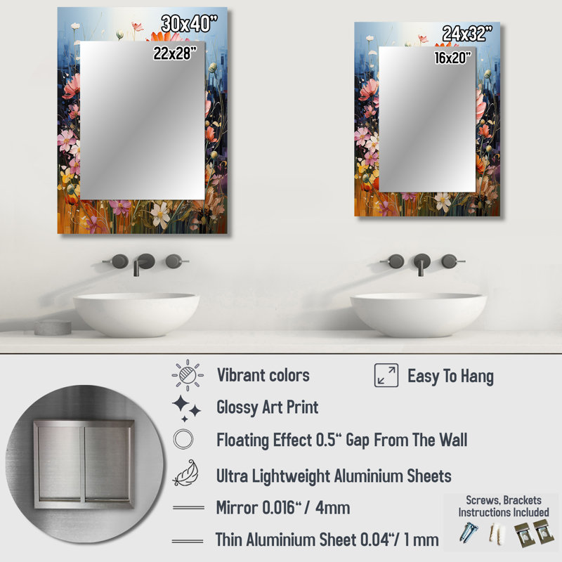 Meadow Impressionistic Blooms Pointillism I - Meadow Decorative Mirror, Traditional Wall Mirror, Printed Metal Art, 40" x 30"