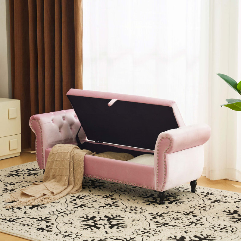 Banc de rangement en velours Bentlee , Rose pastel