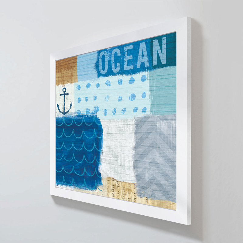 «Beachscape Collage II», art textuel sur toile, H 31,5 po x l 31,5 po x P 1 po, Cadre blanc