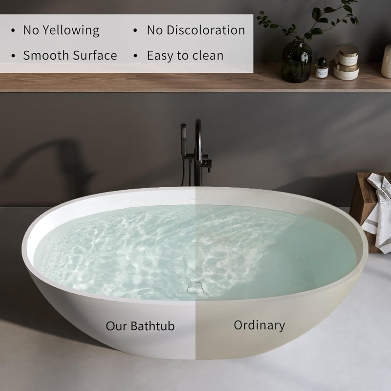 55”Freestanding Solid Surface Tub, Oval Resin Stone Tubs with Integrated Overflow and Pop-up Drain