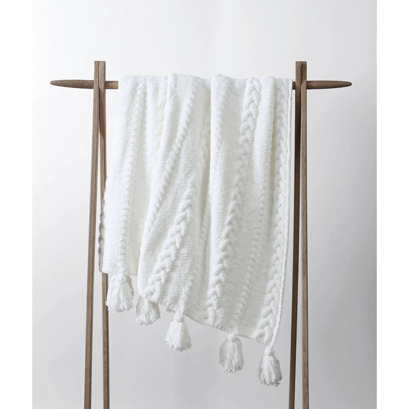 Braided Pom Throw Blanket, Off White