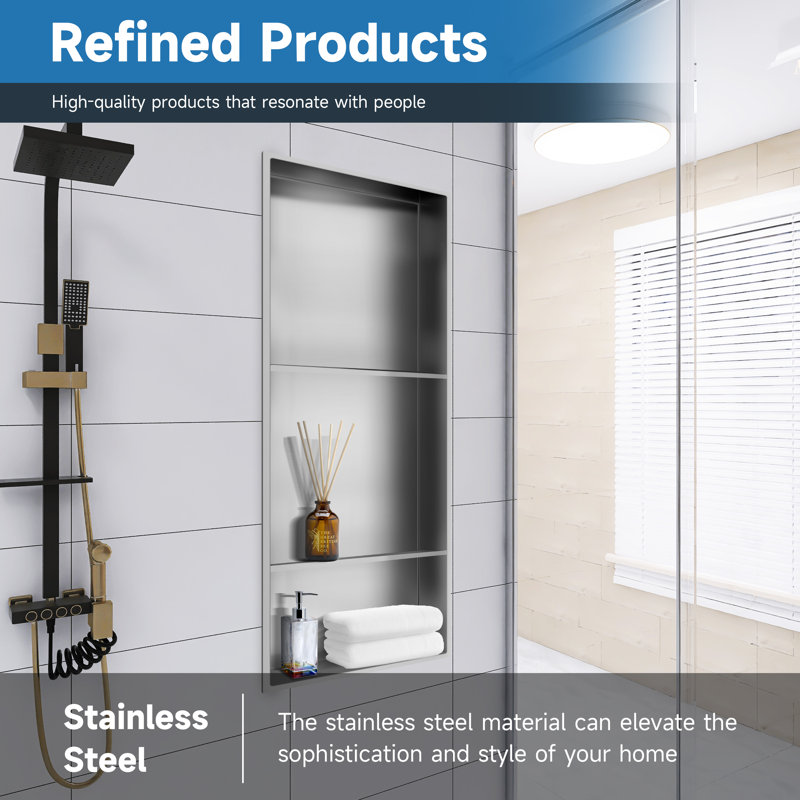 13 In. W X 31 In. H X 4 In. D Bathroom Shower Niche Double Shelf Niche Over Mount Installation, Brushed Nickel