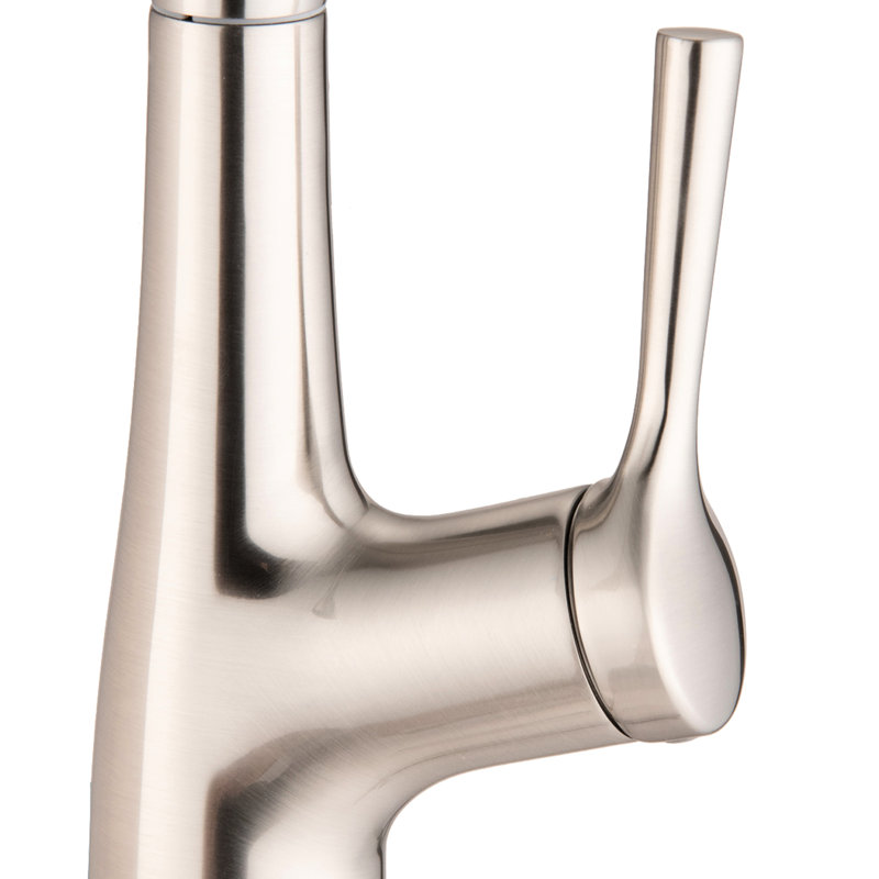 Single Handle Pull Down Kitchen Sink Faucet With Brushed Nickel Finish, Spot , High Arc Swivel Spout Three - Function For Simplistic Filling And Brushing, Easy Clean Nozzles, Class Brass, Restaurant