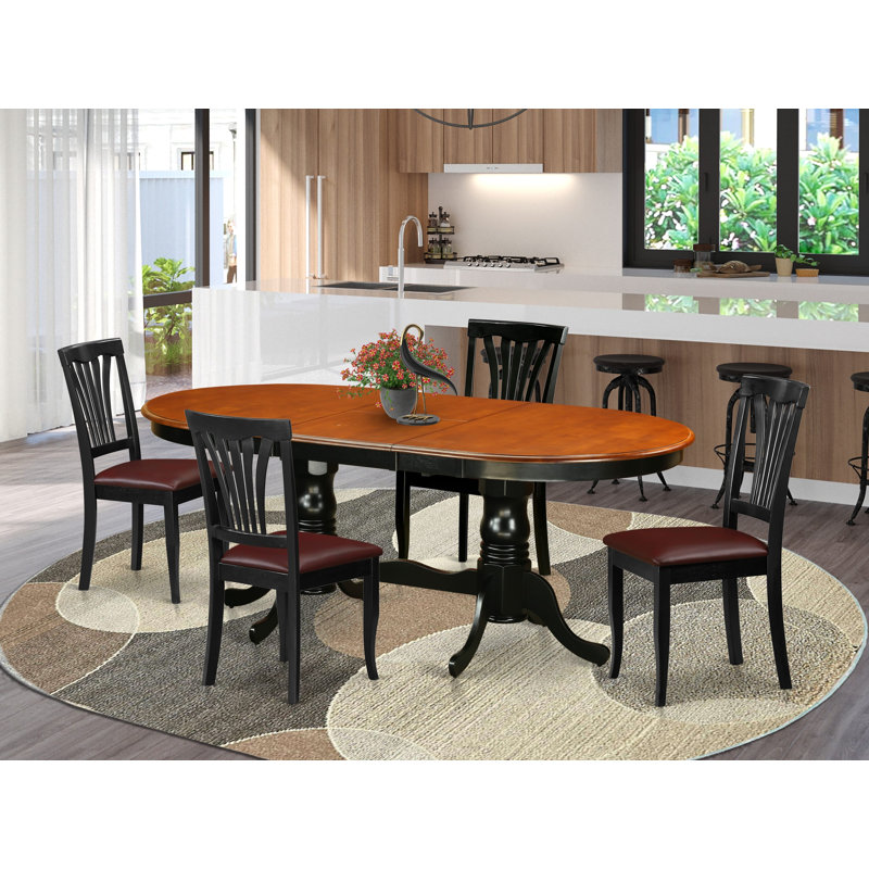 5 Piece Kitchen Table & Chairs Set Includes an Oval Dining Table with Butterfly Leaf and 4 Faux Leather Dining Room Chairs, Black & Cherry