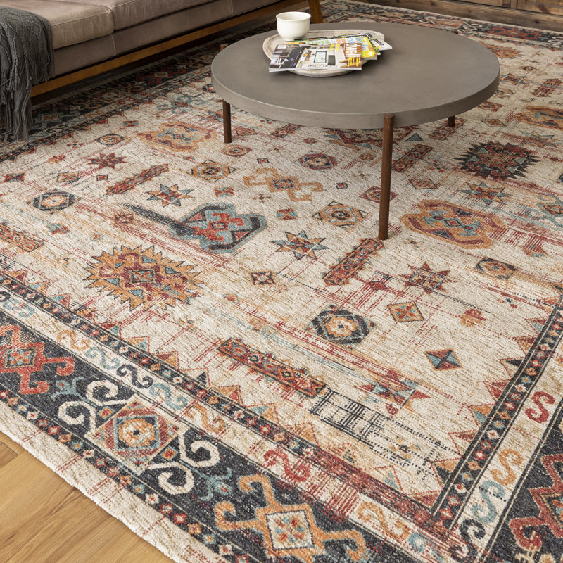 Beige and Multicolor 8' x 10' Wool Chenille Rectangular Area Rug