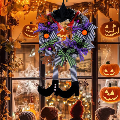 Halloween Wreath For Front Door, 27.5'' Halloween Decor Garland With Hat Pumpkin Candy Witch Legs For Holiday Home Party, Haunted House, Porch, Window, Halloween Decorations Indoor Outdoor