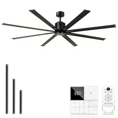 96 Inch Industrial Ceiling Fans No Lights, Large Ceiling Fan With 8 Reversible Blades, Outdoor/Indoor Industrial DC Motor Ceiling Fan With 6-Speed Remote Control For Porch Garage Shop Gym, Black