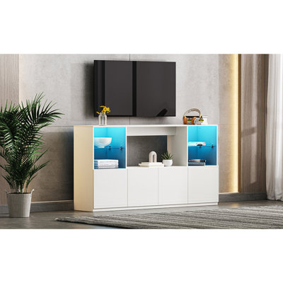 Tv Stand With Ample Storage And Customizable Led Illumination, 75" Tv, White Fashionable Console Spacious Cabinets Dynamic Lights, Tvs,