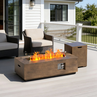 Joycie 42" Propane Fire Pit Table, 50,000 BTU Rectangular Outdoor Gas Fire Pit with Wood Grain Finish, Tank Storage Box, Lid, Glass Wind Guard & Rain Cover