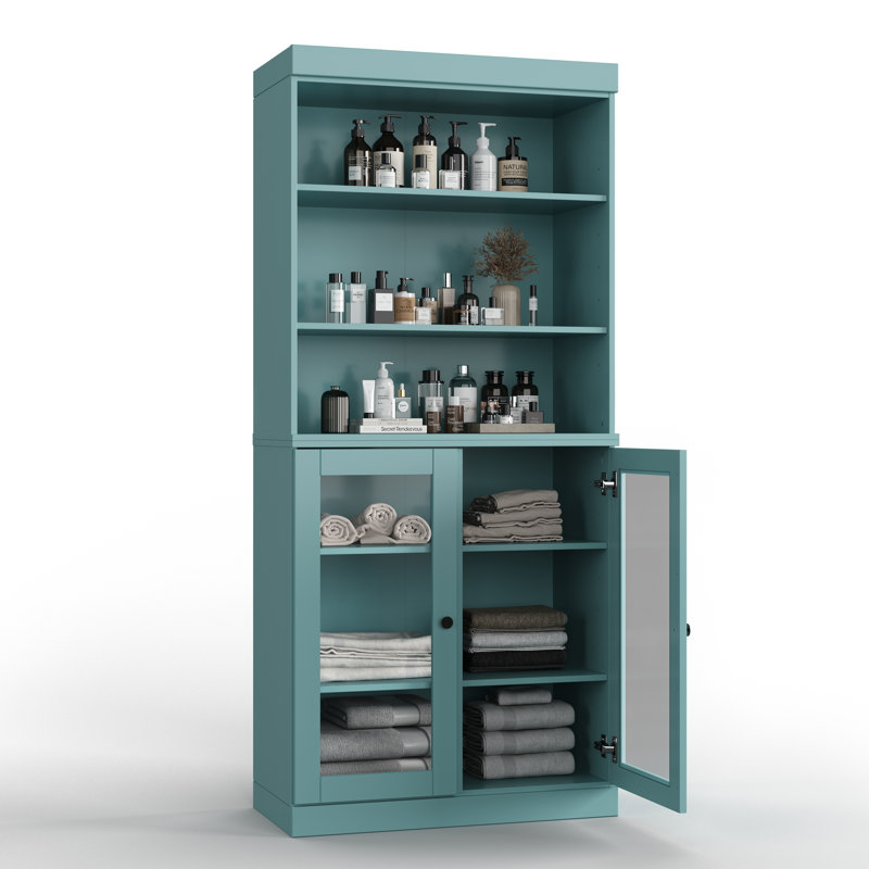 Armoire de salle de bain 100% bois massif 32 "avec portes en verre et tablettes réglables, Turquoise