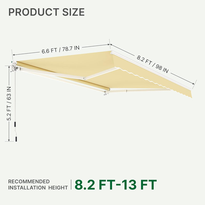 Patio Awning with Retractable Function and Manual Crank, Beige, 7.9" H x 78.7" W x 98.4" D