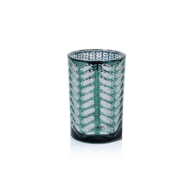 Laser-Etched Metallic Glass Hurricane Candle Holder, 7" H x 4.75" W x 4.75" D, Green
