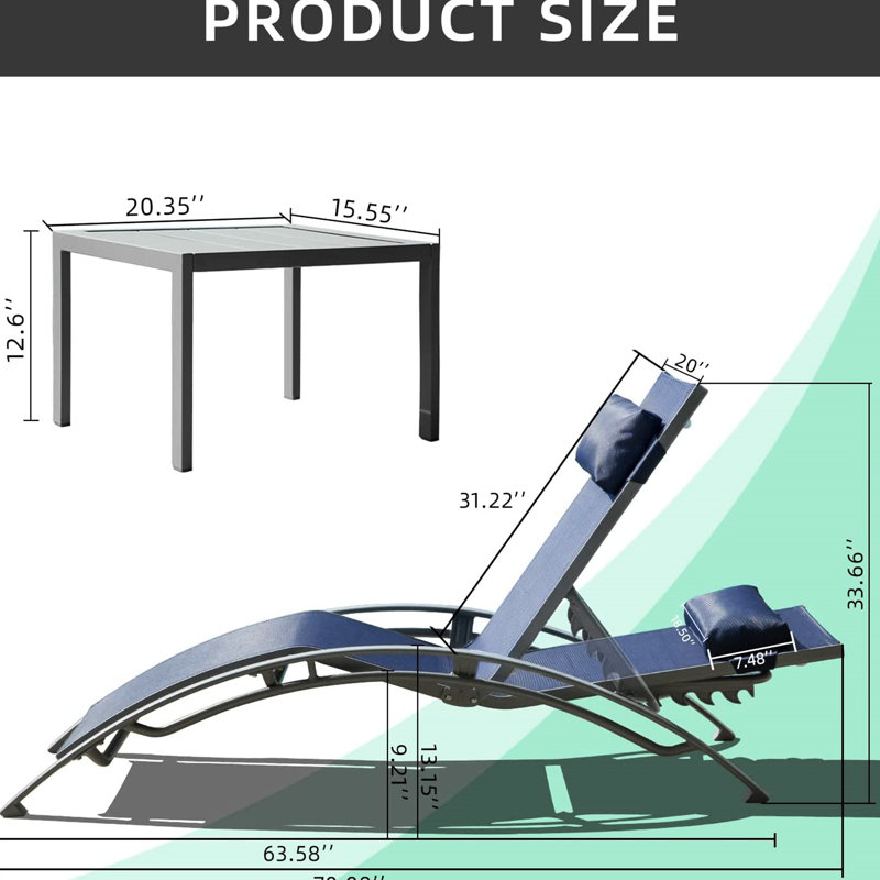 Outdoor Chaise Lounge Chairs  3  - Blue Adjustable Aluminum Chaises 5 Positions, Quick-Drying Fabric And Metal Side Table For Lawn 3 Poolside Chair With Deck Backyard Lightweight