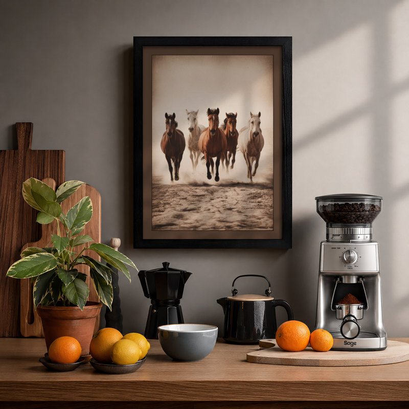 Horses in Mist Coastal - Framed Print, A3 - 42.0 x 29.7 cm, Black