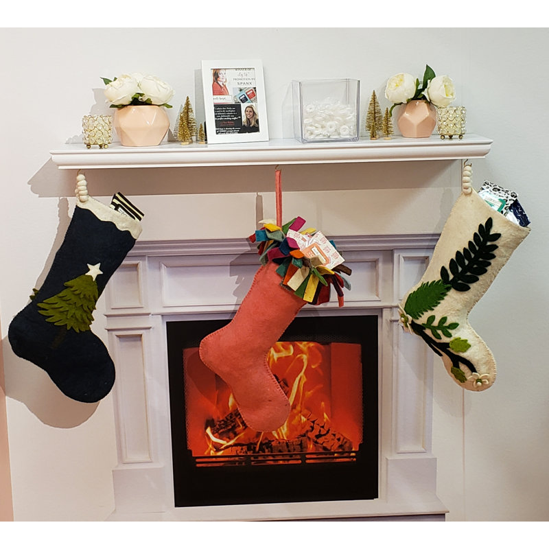 Hand Felted Wool Christmas Stocking - Tree on Navy Blue