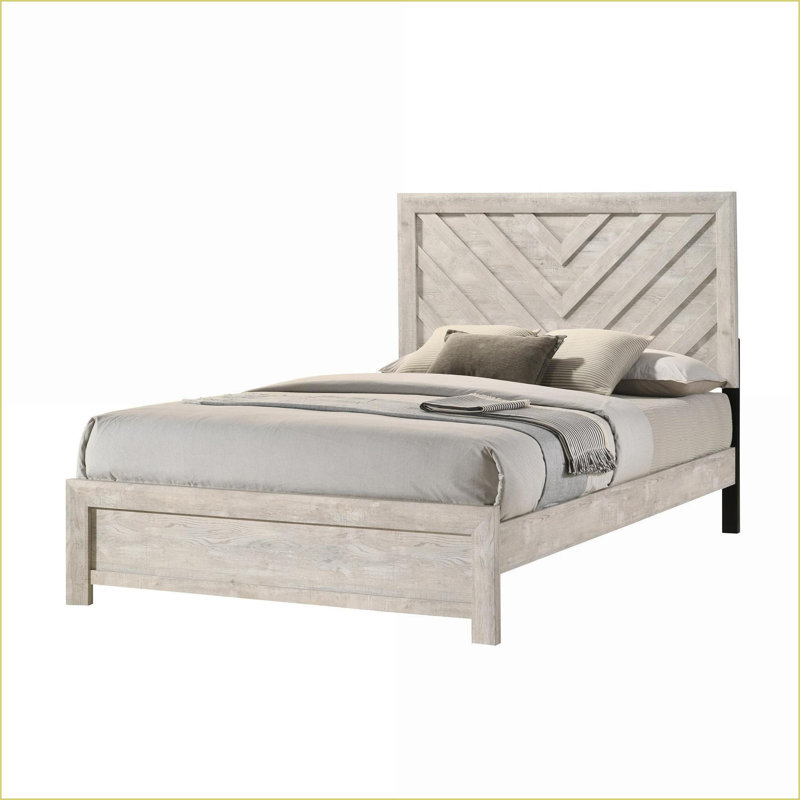 Structure de lit double en bois rustique avec tête de lit à chevrons géométriques et finition gris beige pour la chambre à coucher