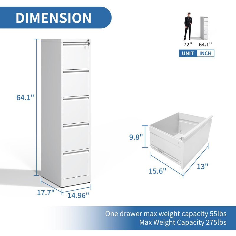 5 Drawer Vertical Metal File Cabinet with Lock for A4/Letter/Legal Storage Cabinet for Home Office, White