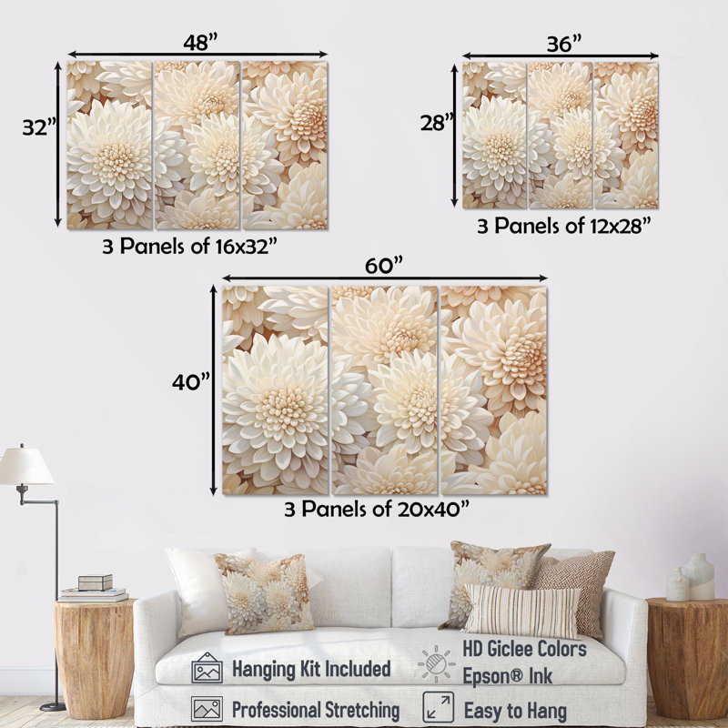 Ensemble de salon mural Pure White Chrysanthemums Mosaic I - Chrysanthemums, Toile tendue, H 28 po x l 36 po x P 1 po