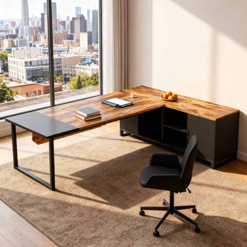 70.8" L-Shaped Executive Desk with 55" File Cabinet – Rustic Brown & Black Industrial Corner Workstation for Home & Business