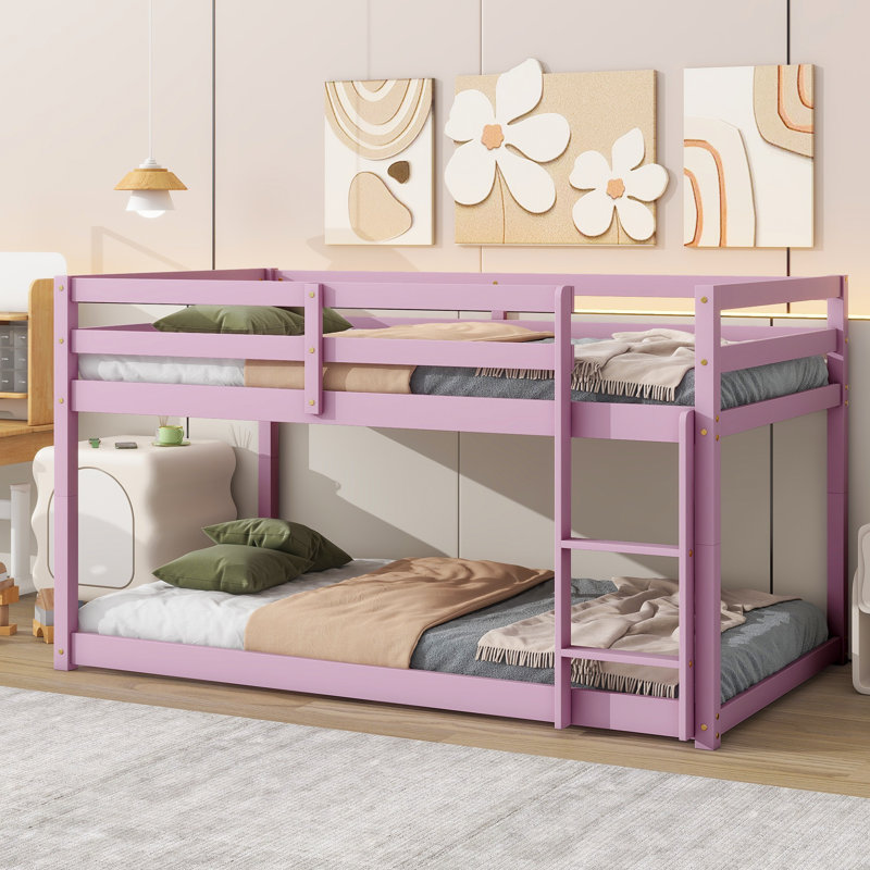 Pink Twin over Twin Loft Bed with Ladder, Solid Wood & Rubber Wood Construction, Strengthened Slats for Upper and Bottom Beds