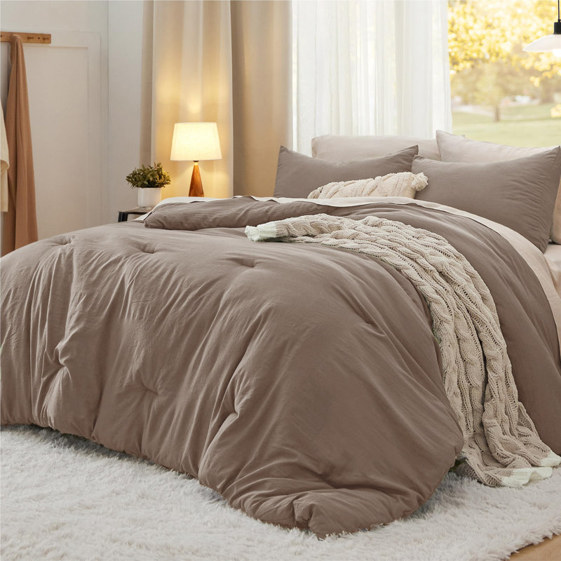 Ensemble d'édredon réversible, Édredon très grand + 2 taies d'oreiller très gr, Brun